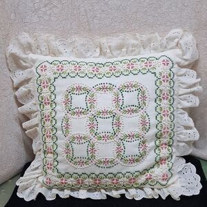 Hand crafted Embroidered Floral Ruffle 16" Square Pillow